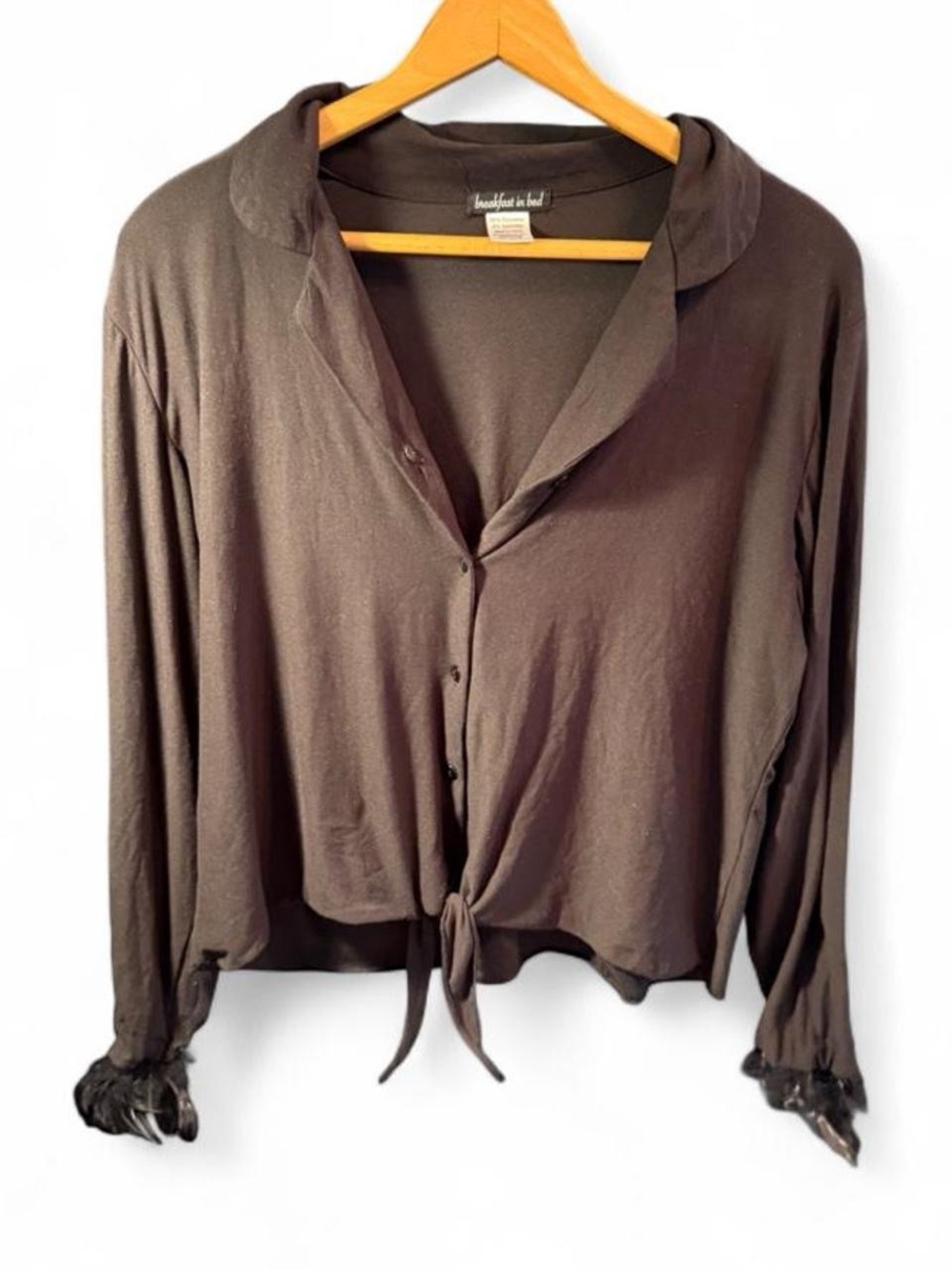 Women's Black Tie-Front Button Sleep Shirt with Faux Feathers